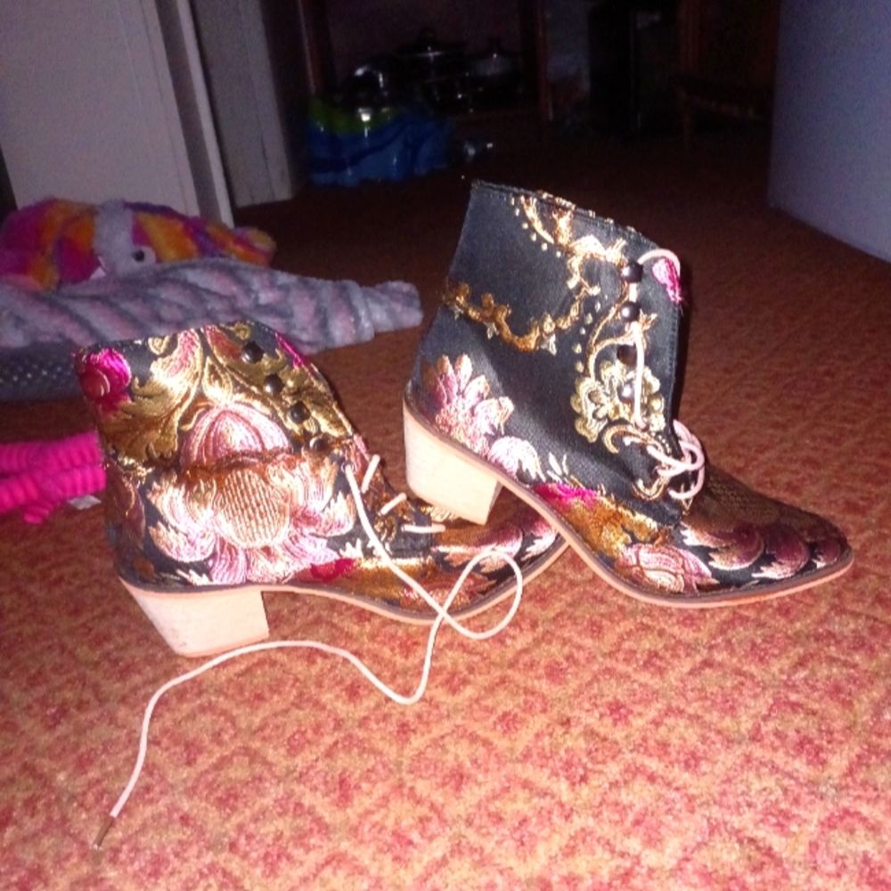Stylish floral boots black,  gold, rose gold, and light blue size 11.